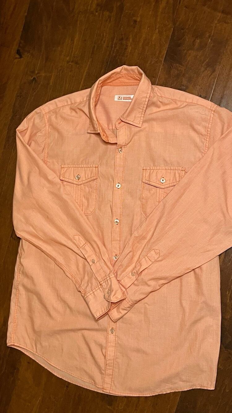 Michael Brandon Menβs L Pink Solid Long Sleeve Woven Button Up Shirt Pockets